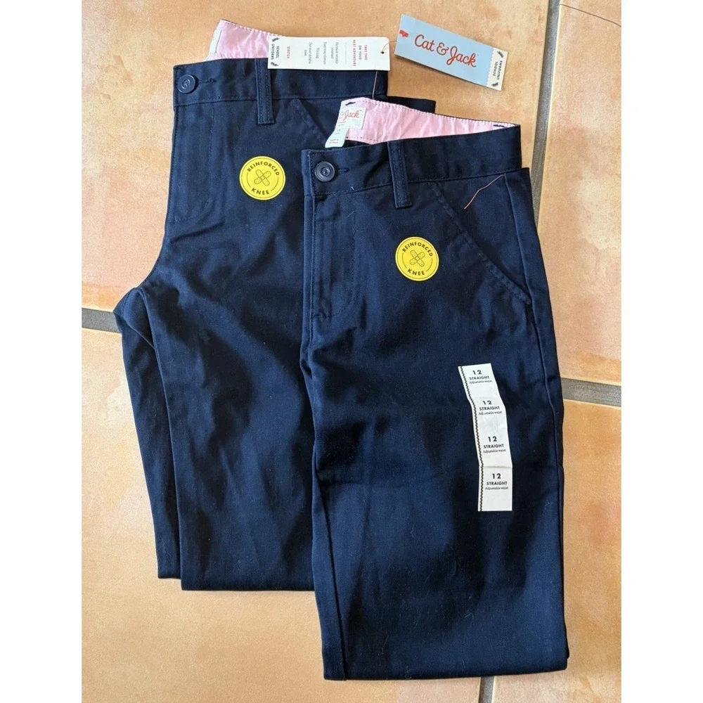 2 NWT Cat & Jack Girls Straight School Uniform Pants Navy Blue Size 12